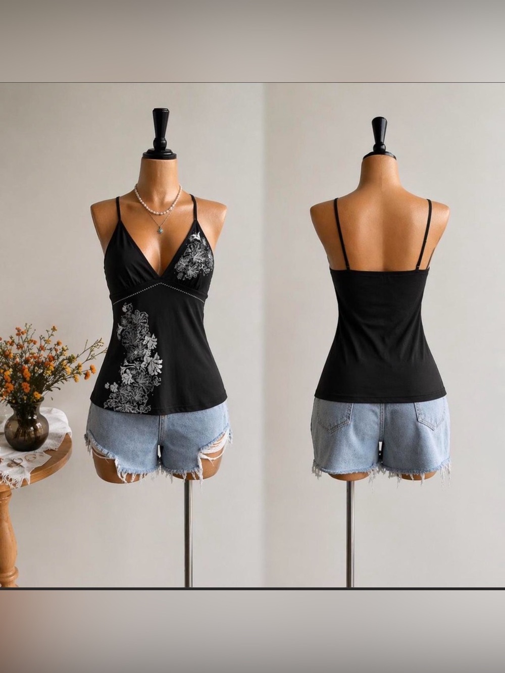 Black Floral V-Neck Spaghetti Strap Cami